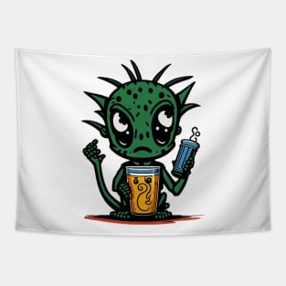 Cute Cartoonish Alien With Beer Mug Tapestry