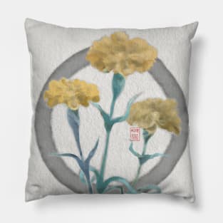 zen circle with sumiE watercolor yellow carnations Pillow