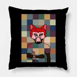 Pixelated Male Character with Animal Mask and Freakish Skin Holding a Dark Bottle Pillow