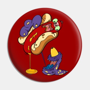 Hungry Monster and Scared Hotdog Cartoon Pin