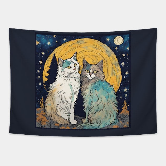 Vintage Norwegian Forest Cats are Platonic Soulmates in Van Gogh Starry Night Sky Cat Mom Tapestry by wigobun