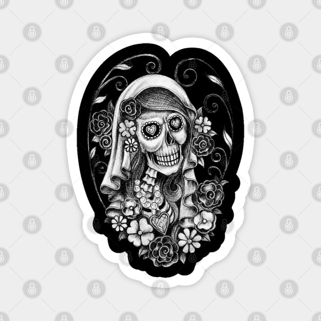 Santa muerte with flowers day of the dead. Magnet by Jiewsurreal