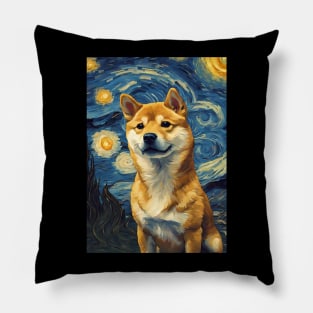 Cute Shiba Inu Dog Breed Painting in a Van Gogh Starry Night Art Style Pillow
