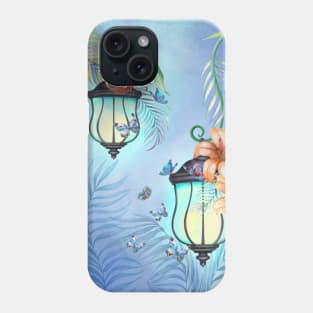 Vintage streetlights with Lily flowers and tropical leaves ornament. Magic floral scenery. Fairy spring garden watercolor illustration Phone Case