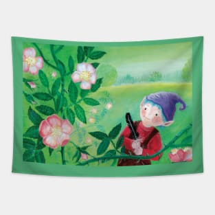 Purple Hat Gnome behind a wild rose bush Tapestry