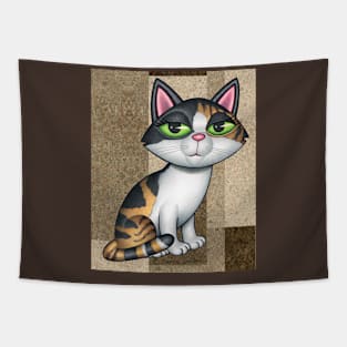 Fun Calico Kitty Cat on tan, brownish background shapes Tapestry
