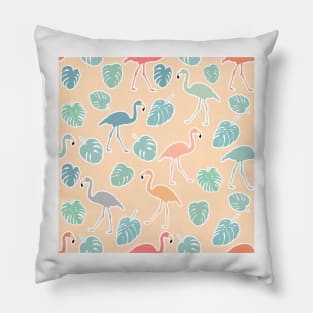 Hand drawn colorful flamingo and monstera leaves. Seamless pattern Pillow