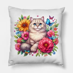 A cat decorated with beautiful colorful flowers. Pillow