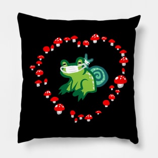 Red Mushroom Heart with Frog and Snail "Masked Goblincore Snuggles" Pillow