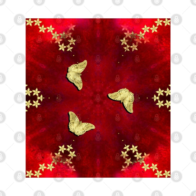 gold butterflies and flowers on red kaleidoscope by hereswendy