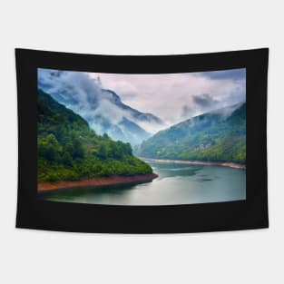 Lake in the mountains on a foggy day Tapestry