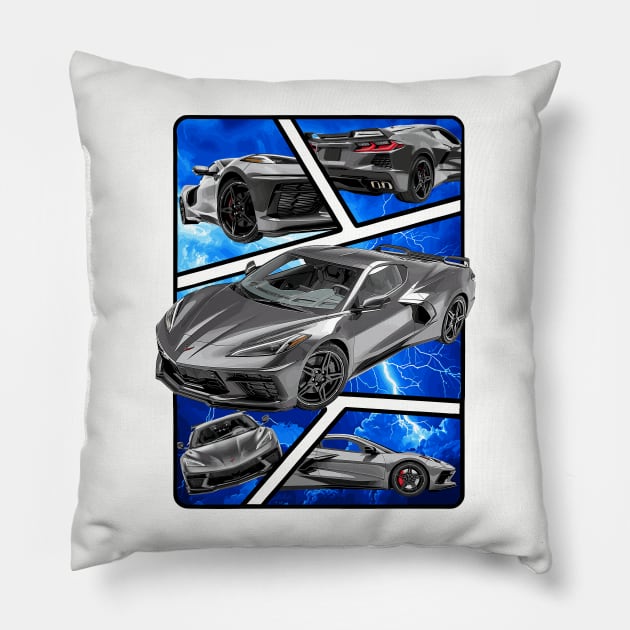 Multiple Angles of the Hypersonic Gray C8 Corvette Presented In A Bold Vibrant Panel Art Display Supercar Sports Car Racecar Torch Gray Corvette C8 Pillow by Tees 4 Thee