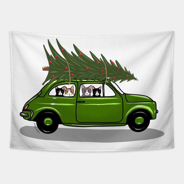 Bringing Home the Christmas Tree Green Tapestry by KilkennyCat Art