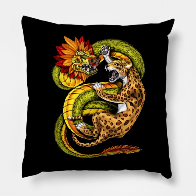 Aztec Jaguar vs Quetzalcoatl Pillow by underheaven