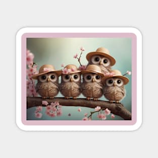 Five Baby Owls Amidst Cherry Blossoms Magnet