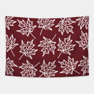 White Doodle Outlined Autumn Leaves Pattern on a Maroon Backdrop, made by EndlessEmporium Tapestry