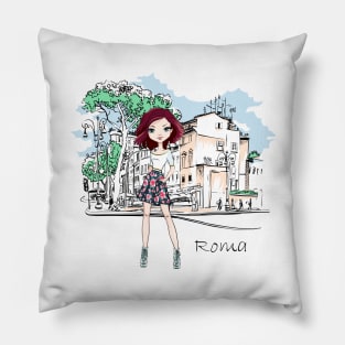 Vector fashion girl in Rome Pillow