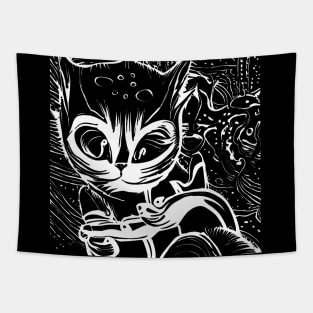 Funny Alien Cat - Whimsical White Hand Drawing Tapestry