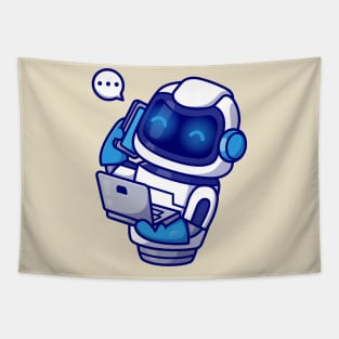 Cute Robot Holding Phone With Laptop Cartoon Tapestry