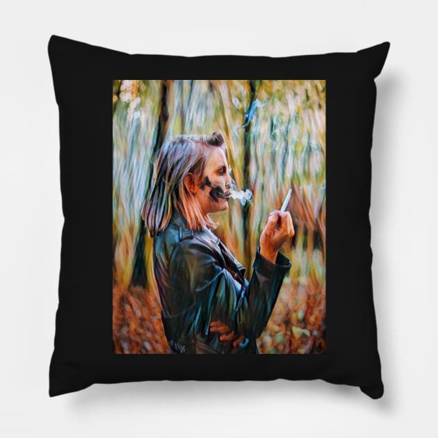 Halloween Blonde Vampire Smoking in the Fall Pillow by DarioNelaj