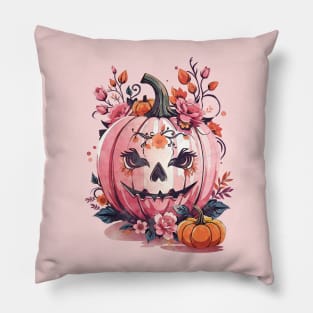 Pink Pumpkin face, with floral and orange flowers, cute Halloween Pillow