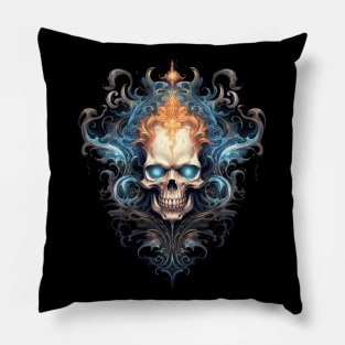 Skull on Blue Fire: Baroque Vintage Ornament Background Pillow