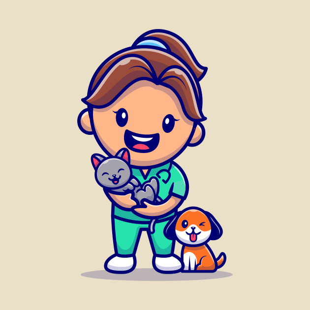 Cute Girl With Cat And Dog Cartoon by Catalyst Labs