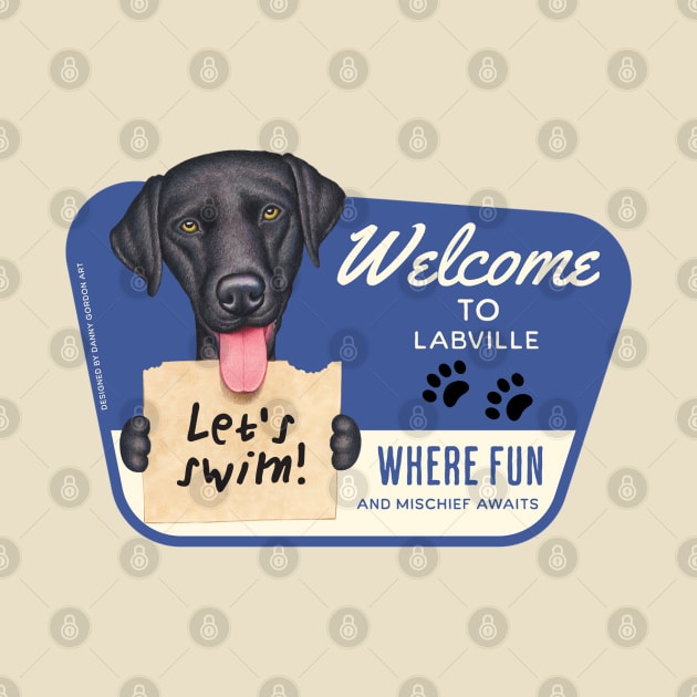 Fun black lab with let's swim sign in Labville, USA by Danny Gordon Art