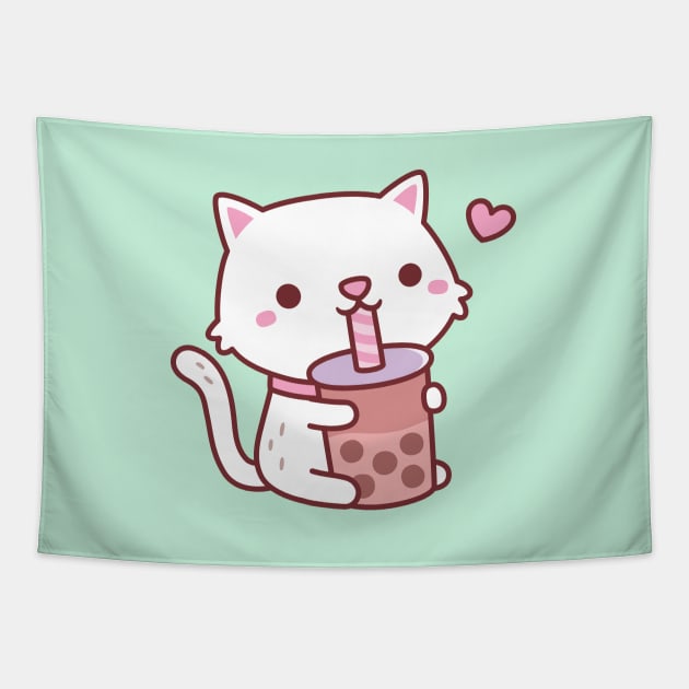 Cute White Cat Loves Drinking Boba Tea Tapestry by rustydoodle