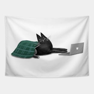 Cartoon funny black cat and laptop Tapestry