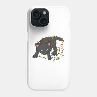 Black cat tangled in christmas lights Phone Case