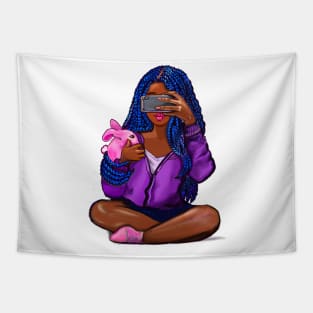 Cool edgy girl with natural afro hair in pink braids and camera phone black girl Magic. “African American woman”,teenager, African American teen Tapestry