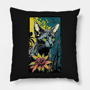 Lykoi Cat Vibrant Tropical Flower Tall Retro Vintage Digital Pop Art Portrait Pillow