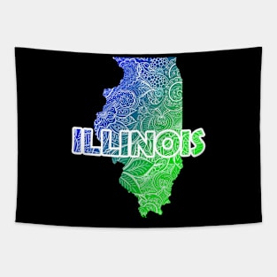 Colorful mandala art map of Illinois with text in blue and green Tapestry