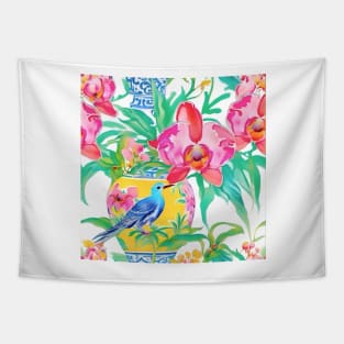 Preppy orchids in yellow chinoiserie jar Tapestry