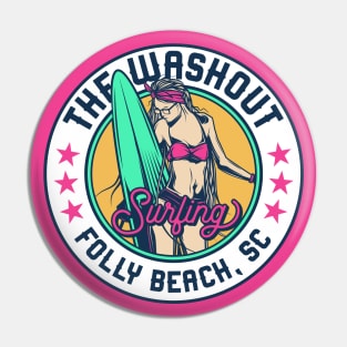 Retro Surfer Babe Badge The Washout Folly Beach South Carolina Pin