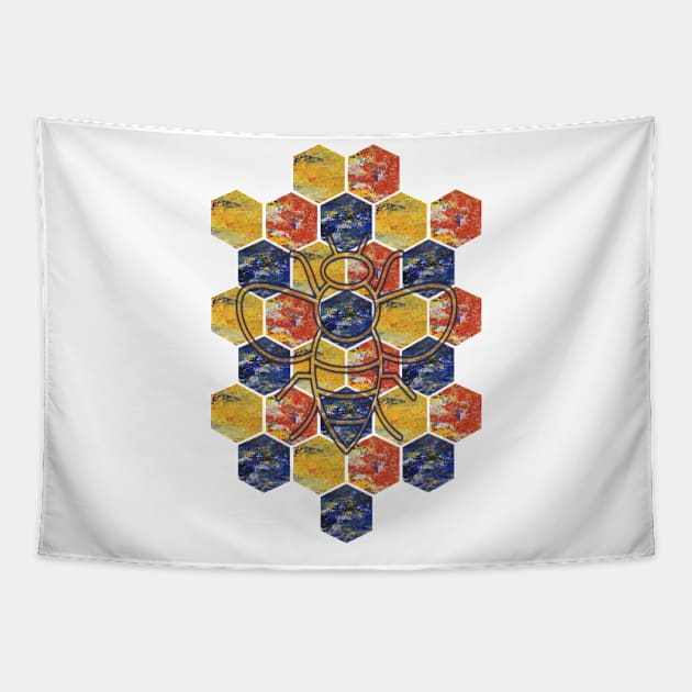 Red, Yellow, Green Honeycomb & Bee Graphic Tapestry by Bee-Fusion