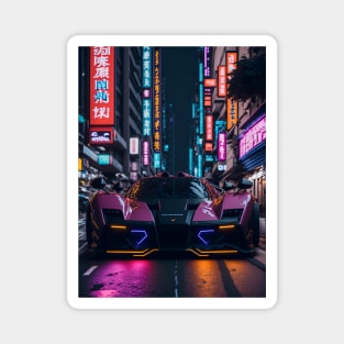 Dark Neon Sports Car in Japanese Neon City Magnet