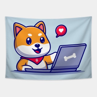 Cute Shiba Inu Dog Working On Laptop Cartoon Tapestry