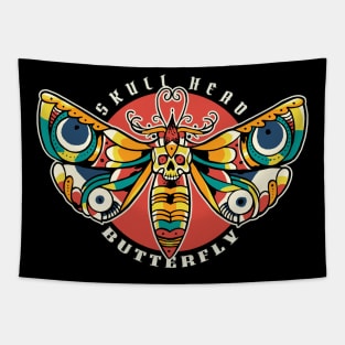 Vintage Tattoo Skull Head Butterfly Tapestry