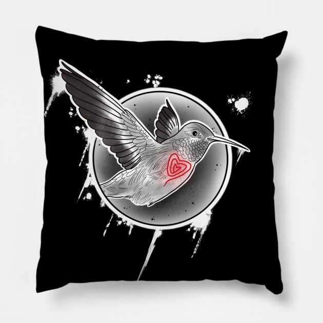 Flying humming bird with red heart Pillow by Blacklinesw9