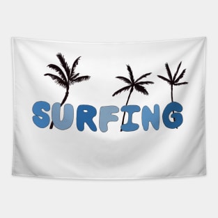 Surfing Blue Bubble Letters with Palm Trees Tapestry