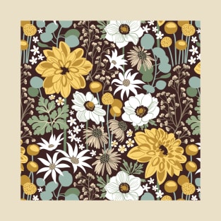 Boho garden // pattern // expresso brown background sage green yellow ivory and white flowers T-Shirt