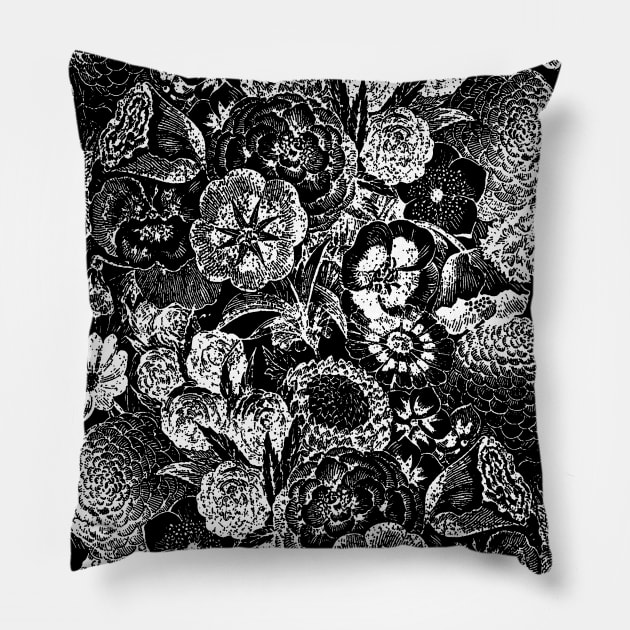 White Botanical Print on Black Pillow by Scarebaby