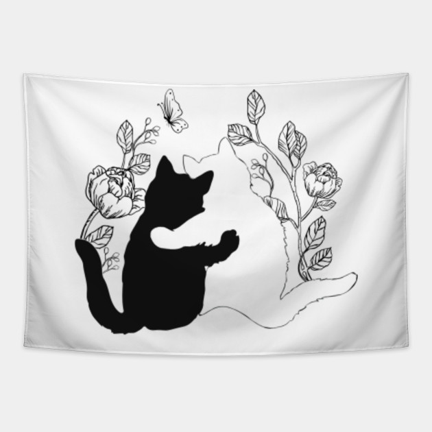 Black And White Cats Yin And Yang Floral Background T Shirt Cat Tapestry Teepublic