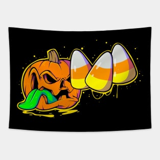 Spooky Creepy Halloween Evil Pumpkin Eating Candy Corn Tapestry