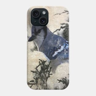 primitive christmas snow pine tree blue jay bird Phone Case