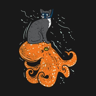 Snorkeling Cat Riding Octopus T-Shirt