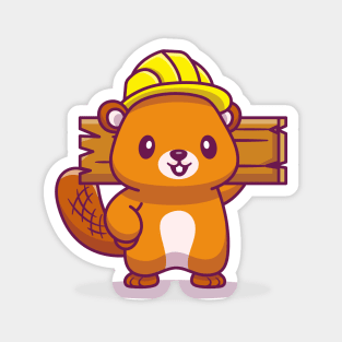 Cute Beaver Handyman Holding Wood Magnet