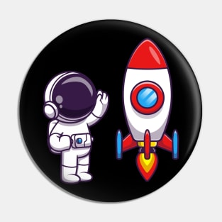 Astronaut Waving Hand to Rocket Cartoon Pin